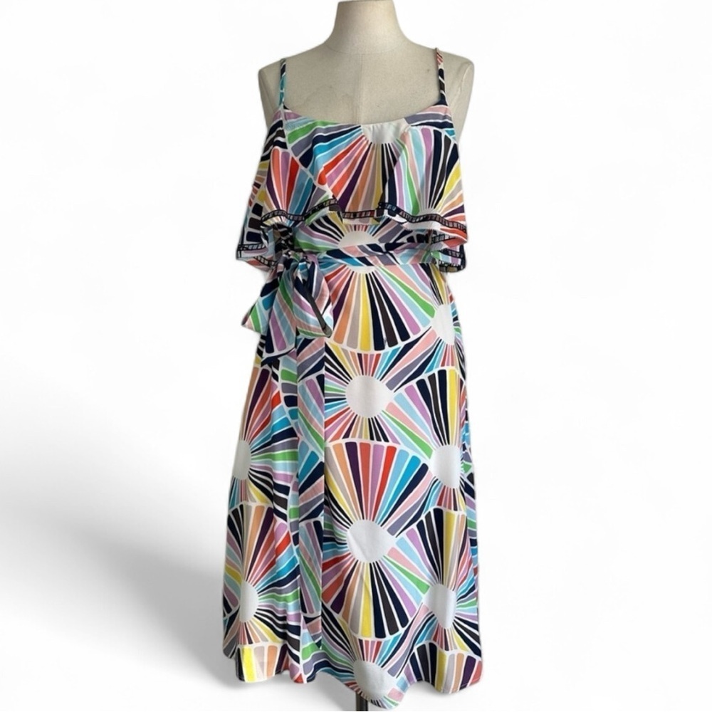Trina Turk SILK BELTED Ruffle Retro Lined MIDI Dress sz Medium - Picture 2 of 9